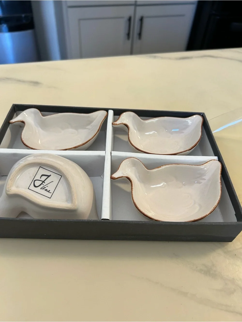 Set of 4 White Ceramic Duck shaped Dipping Dishes with Rusti Brown Rim